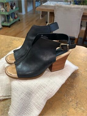 Born Moraine Black Leather Open-Toe Slingback Heels with Brown Stacked Heel
